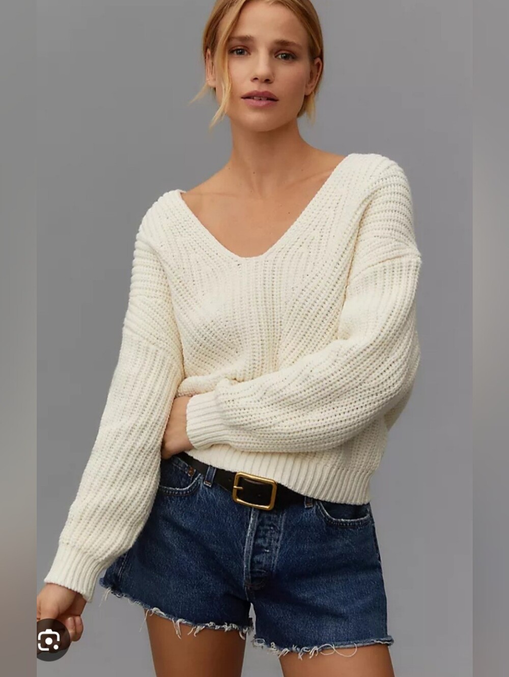 Maeve Cream V-Neck Chunky Ribbed Sweater